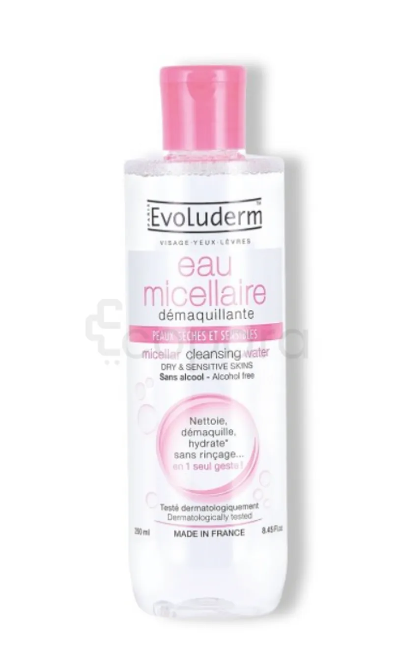 EVOLUDERM EAU MICELLAIRE DEMAQUILLANTE PEAUX SECHES ET SENSIBLES 250ML