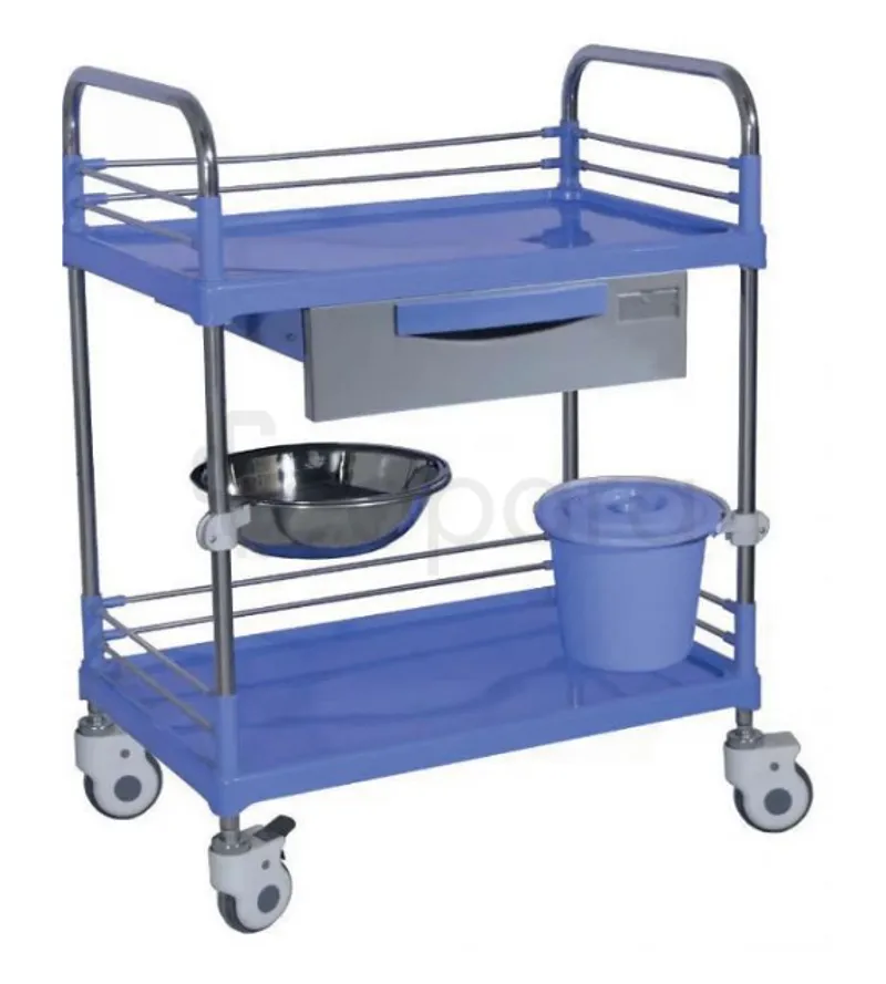 CHARIOT A PANSEMENT EN INOX A 2 PLATEAUX ABS-TIROIR POUBELLE CUPULE REFERENCE L8049