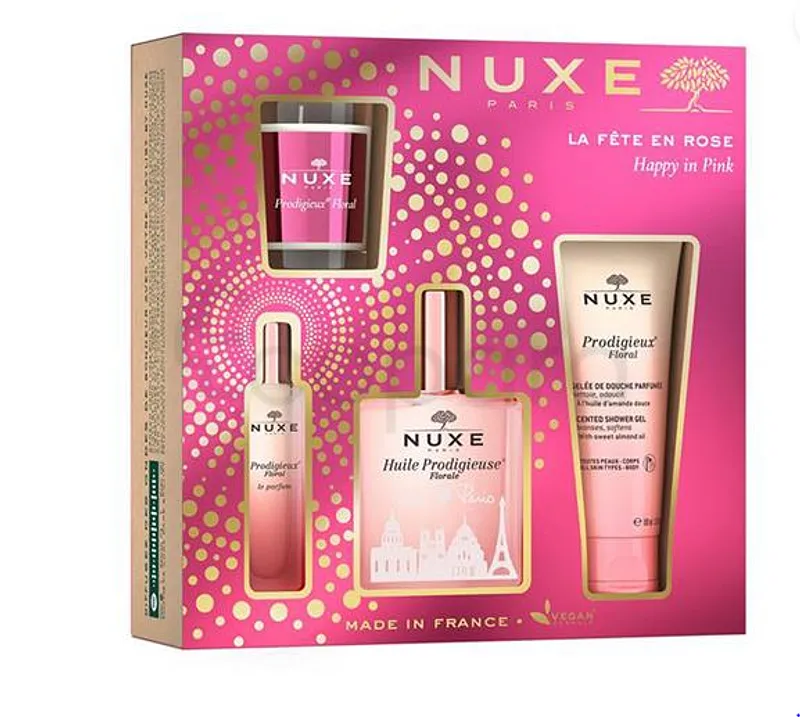 NUXE PRODIGIEUSE COFFRET FLORALE NOEL 2022 HUILE PRODIGIEUSE 100ML + LE PARFUM 15ML + GEL DOUCHE 100ML + BOUGIE 70G