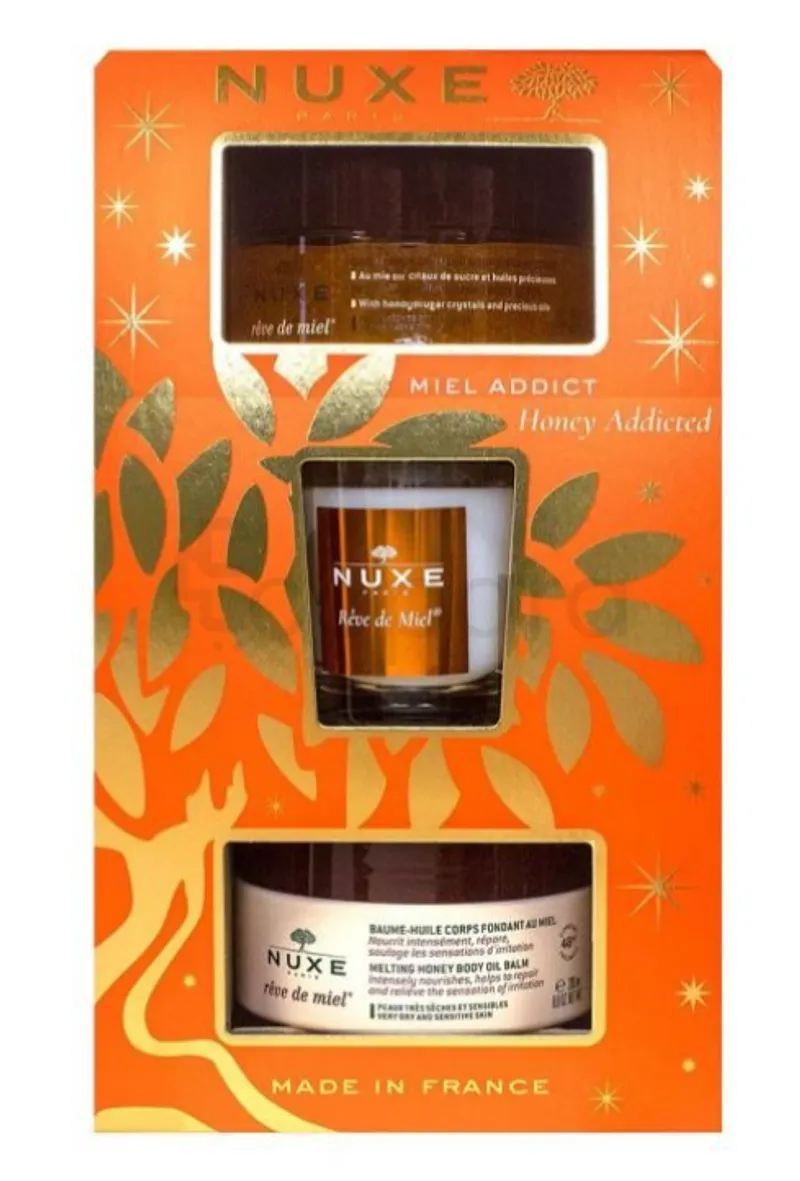 NUXE REVE DE MIEL COFFRET NOEL 2022 GOMMAGE 175ML + BAUME-HUILE 200ML + BOUGIE PRODIGIEUX 70G
