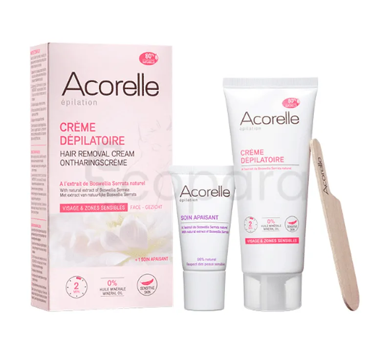 ACORELLE CREME DEPILATOIRE VISAGE ET ZONES SENSIBLES 75ML + SOIN APAISANT 15ML + SPATULE