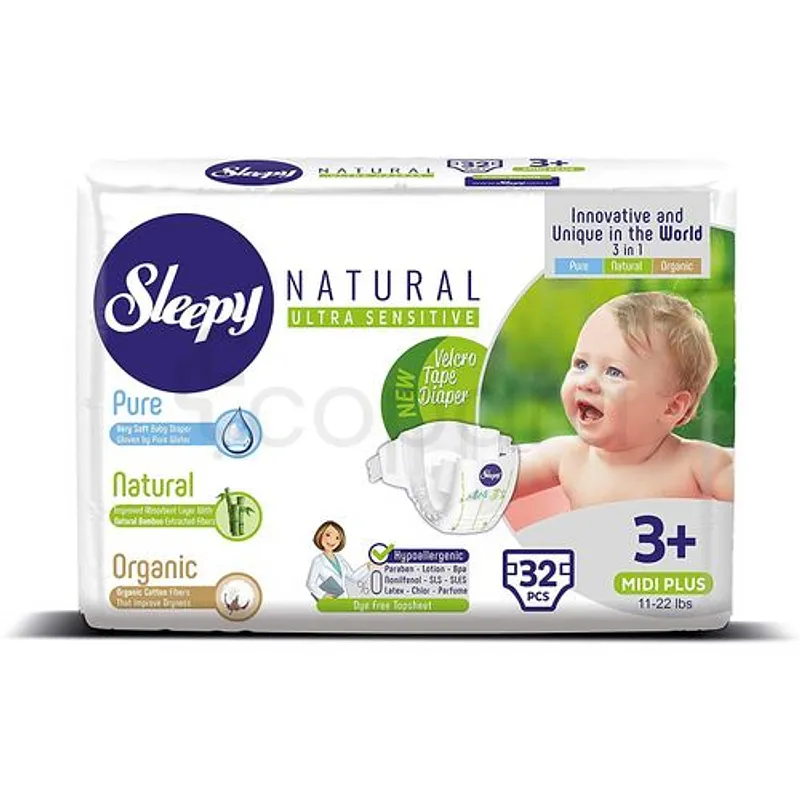 SLEEPY NATURAL COUCHES BEBES AU BAMBO HYPOALLERGÉNIQUES MIDI PLUS 5-10KG TAILLE 3+ BOITE DE 32