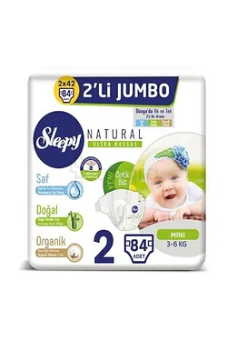 SLEEPY NATURAL COUCHES BEBES AU BAMBO HYPOALLERGÉNIQUES DOUBLE JUMBO MINI 3-6KG TAILLE 2 BOITE DE 84