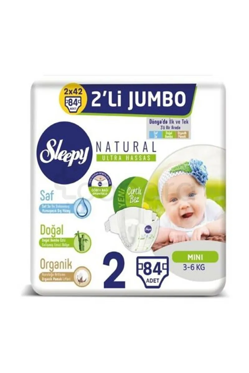 SLEEPY NATURAL COUCHES BEBES AU BAMBO HYPOALLERGÉNIQUES DOUBLE JUMBO MINI 3-6KG TAILLE 2 BOITE DE 84