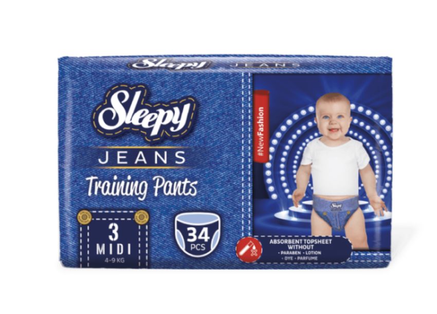 SLEEPY NATURAL COUCHES CULOTTES JEANS D'APPRENTISSAGE HYPOALLERGÉNIQUES MIDI 5-10KG TAILLE 3 BOITE DE 34