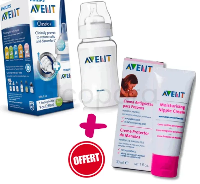 AVENT PACK BIBERON CLASSIQUE ANTI-COLIQUE 330ML + CREME MAMELONS 30ML