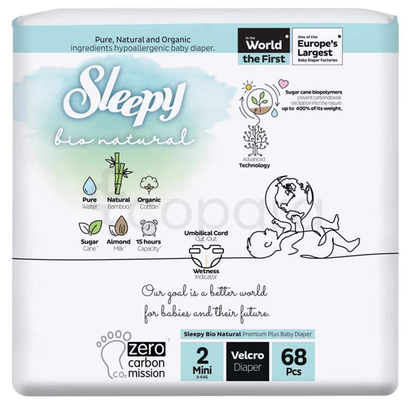 SLEEPY BIO NATURAL DIAPER DOUBLE JUMBO MINI 3-6KG TAILLE 2 BOITE DE 68