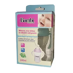 BAMBI BIBERON AVEC POIGNÉE TÉTINE ANTI-GOUTTE 240ML REFERENCE M802-B