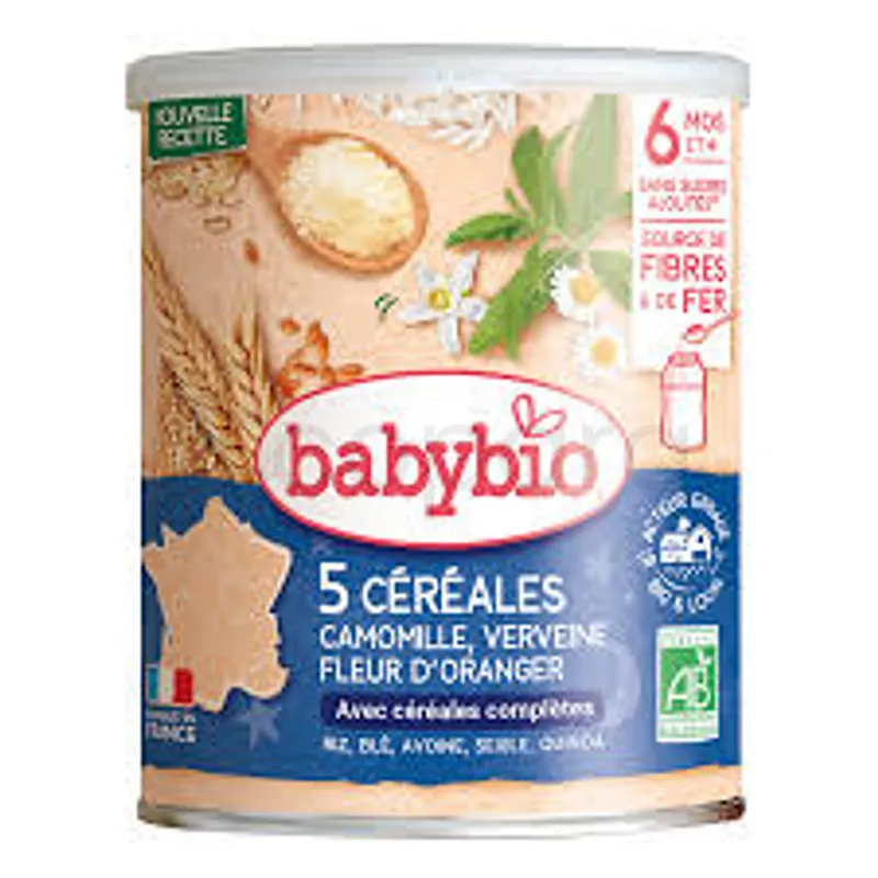 BABYBIO 5 CEREALES VERVEINE CAMOMILLE FLEUR D'ORANGER 220G