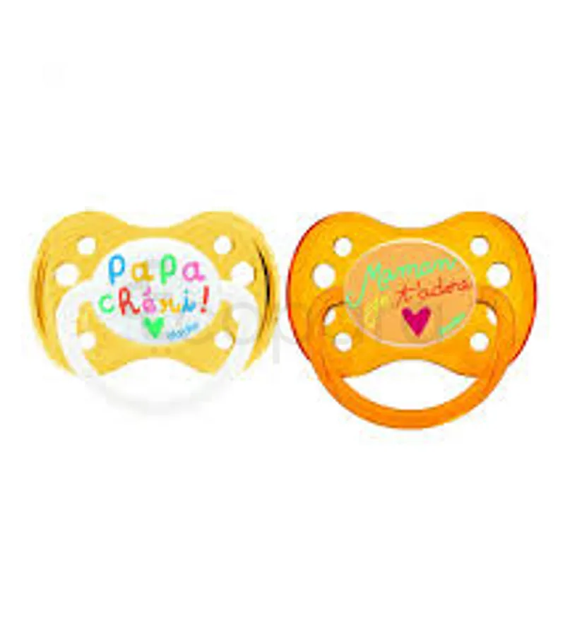 DODIE SUCETTE ANATOMIQUE MAMAN JE T'ADORE PAPA CHERI TRANSPARENT FUSHIA +6MOIS REFERENCE NA15
