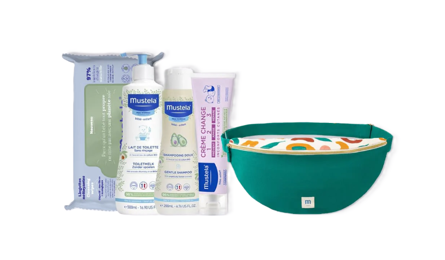 MUSTELA PACK SAC BANANE PARENTS PASTEL 2024 LINGETTES NETTOYANTE B60 + LAIT DE TOILETTE 500ML + CREME DE CHANGE 123 50ML + SHAMPOOING BB 200ML