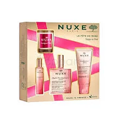 NUXE COFFRET LA FETE EN ROSE HUILE PRODIGIEUSE FLORAL 100ML + PRODIGIEUX FLORAL GELEE DE DOUCHE 100ML + PRODIGIEUX FLORAL LE PARFUM 15ML +  PRODIGIEUX FLORAL BOUGIE D INTERIEUR 70G