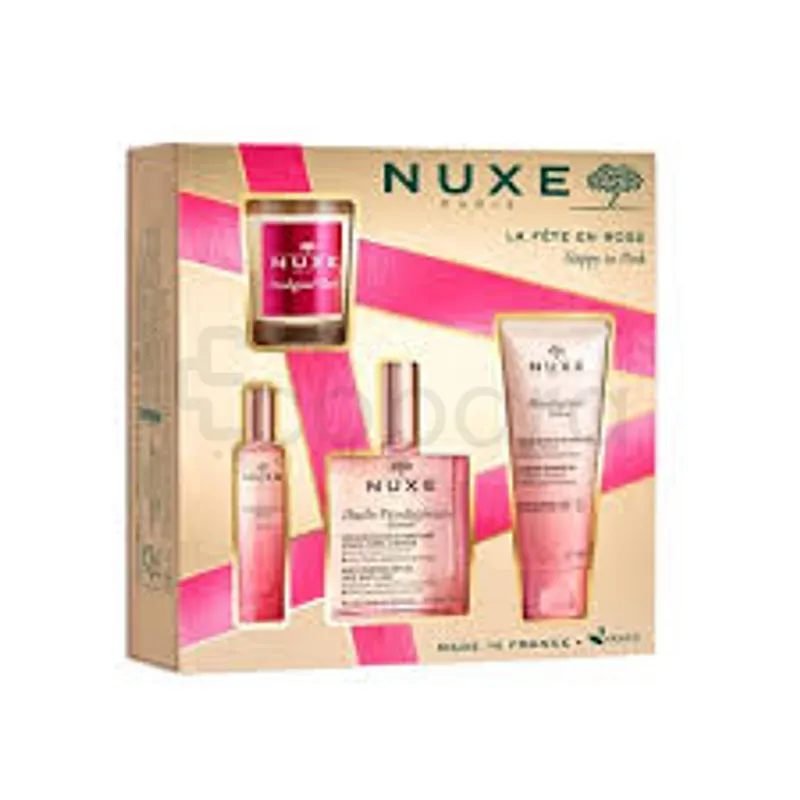 NUXE COFFRET LA FETE EN ROSE HUILE PRODIGIEUSE FLORAL 100ML + PRODIGIEUX FLORAL GELEE DE DOUCHE 100ML + PRODIGIEUX FLORAL LE PARFUM 15ML +  PRODIGIEUX FLORAL BOUGIE D INTERIEUR 70G
