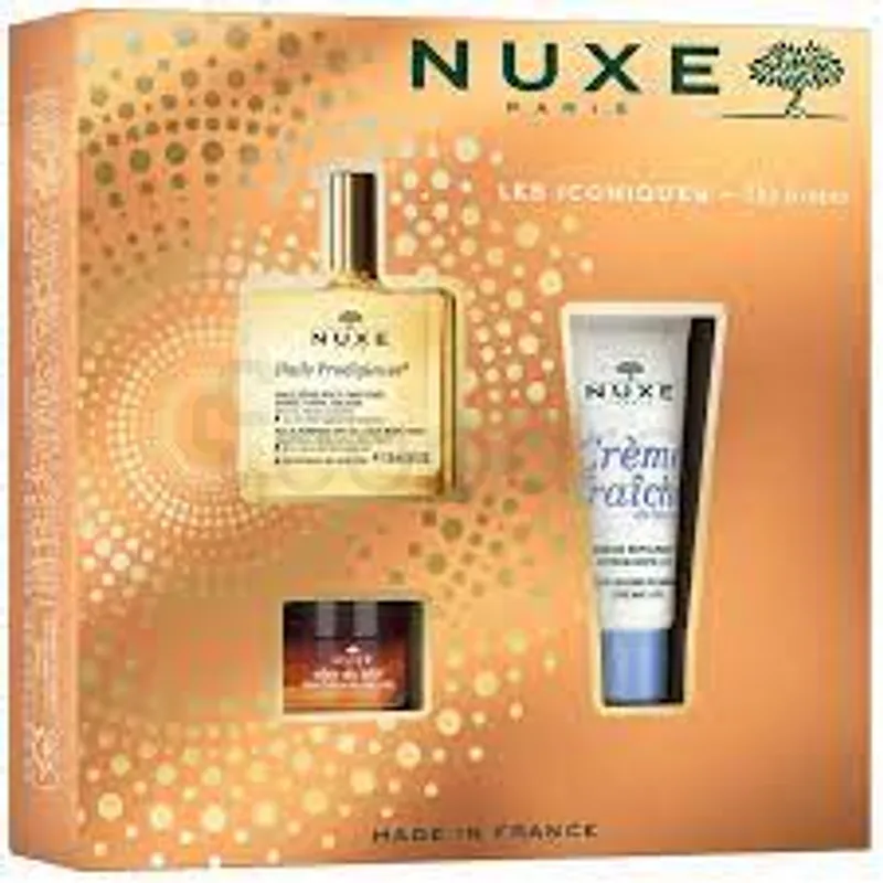 NUXE COFFRET LES ICONIQUES HUILE PRODIGIEUSE 50ML + CREME FRAICHE 30ML + BAUME A LEVRES 15G