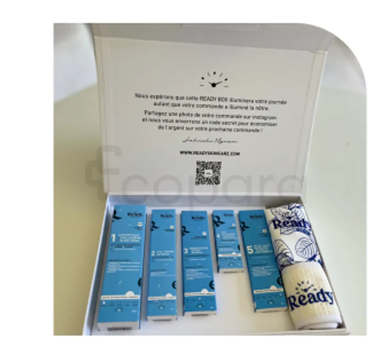 READY SKIN NATURALS COFFRET EAU MICELLAIRE 200ML + CREME SOLAIRE SPF30 50ML + CREME ANTI AGE 50ML + LOTION EXFOLIANTE 100ML +  SERUM GLOW BOOSTER 30ML + SERVIETTE OFFERTE