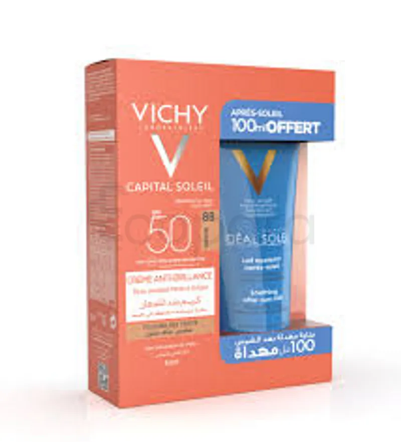 VICHY CAPITAL SOLEIL BB EMULSION TEINTE HALE NATUREL TOUCHER SEC PEAU SENSIBLE MIXTE A GRASSE SPF50 50ML+ APRES SOLEIL 100ML