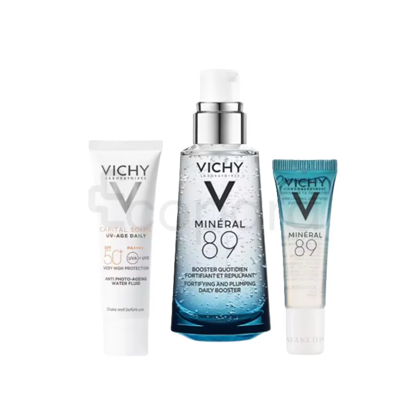ICHY PACK MINERAL 89 BOOSTER QUOTIDIEN FORTIFIANT 50ML + MINERAL 89 BOOSTER QUOTIDIEN FORTIFIANT 10ML + CAPITAL SOLEIL UV-AGE DAILY SPF50 15ML + TROUSSE