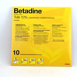 BETADINE TULLE 10% PANSEMENTS MEDICAMENTS 10*10 BOITE DE 10 REFERENCE 1100025