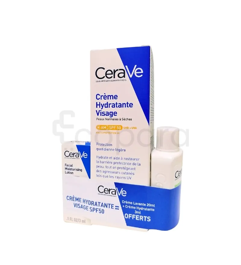 CERAVE PACK SLEVEE CREME HYDRATANTE SPF50 52ML + MINI CREME LAVANTE 3ML + MINI CREME HYDRATANTE 3ML