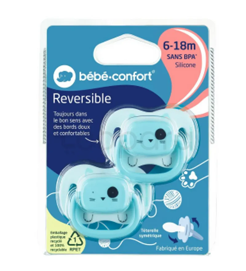 BEBE CONFORT SUCETTES REVERSIBLES 6-18MOIS SILICONE ANNIMALS BLEU REFERENCE 3277869 