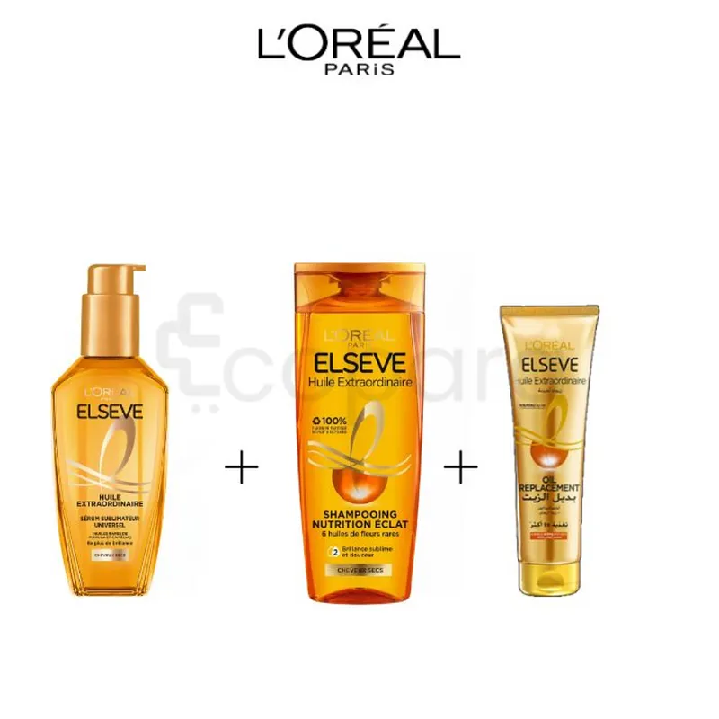 L'OREAL PARIS PACK ELSEVE HUILE EXTRAORDINAIRE 100ML + SHAMPOOING ELSEVE HUILE EXTRAORDINAIRE 200ML+ HUILE REPLACEMENT 125ML