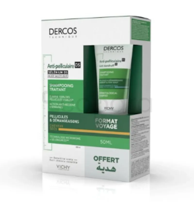 VICHY DERCOS SHAMPOOING ANTI-PELLICULAIRE DS CHEVEUX SECS + SHAMPOOING FORMAT VOYAGE OFFERT 50ML