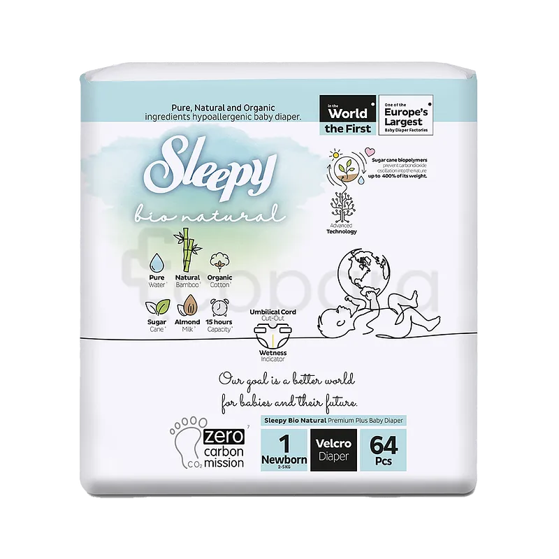SLEEPY BIO NATURAL DIAPER DOUBLE JUMBO NOUVEAU NE 2-5KG TAILLE 1 BOITE DE 64