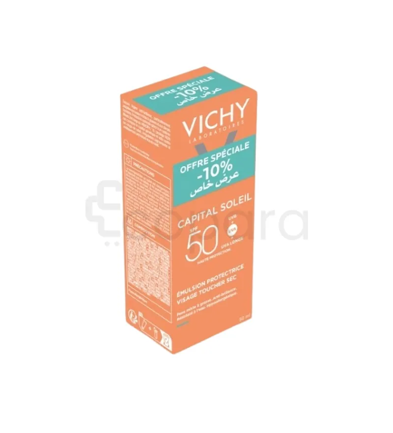 OFFRE VICHY CAPITAL SOLEIL EMULSION PROTECTRICE VISAGE TOUCHER SEC INVISIBLE SPF50+ 50ML + REMISE 10%