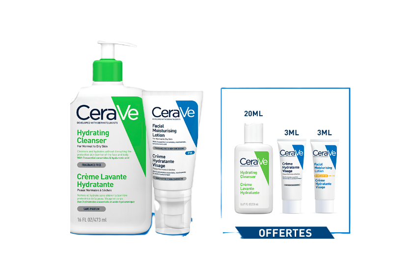 CERAVE PACK ROUTINE PEAUX NORMALES A SECHES CREME LAVANTE HYDRATANTE 473ML+ CREME HYDRATANTE VISAGE 52ML+ MINI CREME LAVANTE 20ML + CREME HYDRATANTE 3ML +CREME HYDRATANTE SPF50  3ML