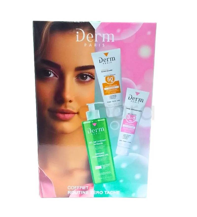 IDERM PARIS COFFRET ROUTINE ZERO TACHE PEAUX A TENDANCE ACNEIQUE ECRAN SOLAIRE 50ML + GEL NETTOYANT INTENSE 200ML + CREME DEPIGMENTANTE 40ML