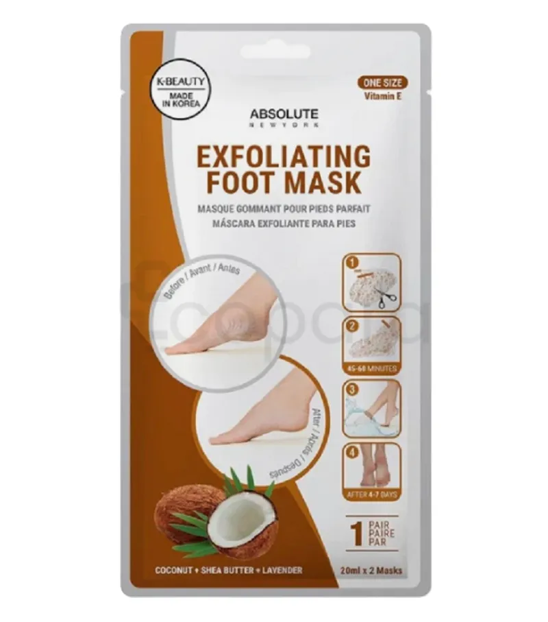 ABSOLUTE NEW YORK EXFOLIATING FOOT MASK MASQUE GOMMANT POUR PIEDS PARFAIT COCONUT + SHEA BUTTER + LAVENDER ONE SIZE VITAMINE E REFERENCE A614