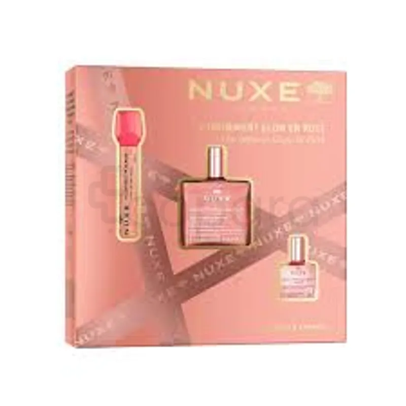 NUXE L'INFINIMENT GLOW EN ROSE COFFRET HUILE PRODIGIEUSE OR FLORALE 50ML + HUILE PRODIGIEUSE FLORALE 10ML + SERUM LEVRES REPULPANT VERY ROSE 8ML