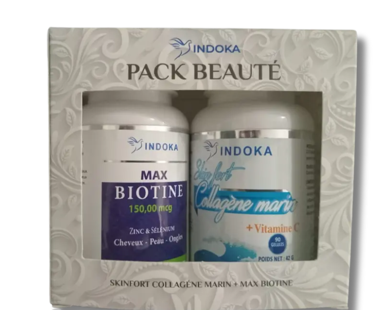 INDOKA PACK BEAUTE MAX BIOTINE BOITE DE 90 COMPRIMES + SKINFORT COLLAGENE MARIN BOITE 90 GELULES