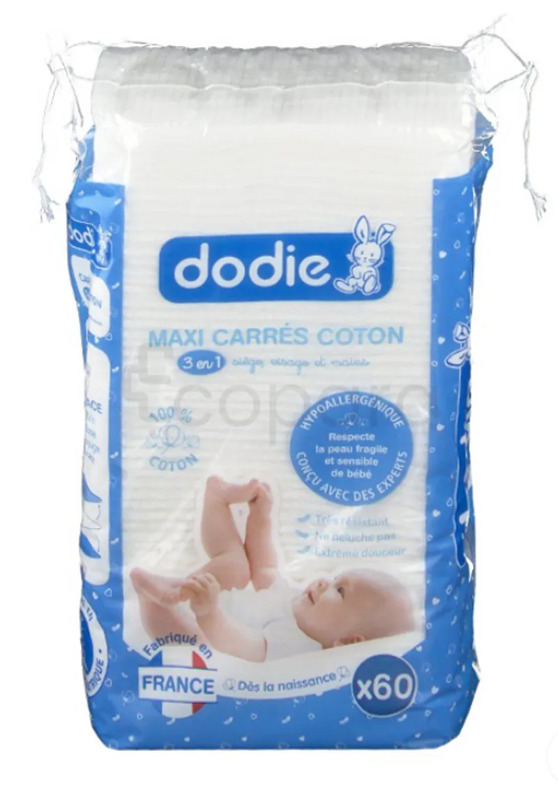 DODIE MAXI CARRES COTON 3EN1 SIEGE VISAGE MAINS 100% COTON BOITE DE 60