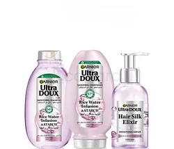 GARNIER ULTRA DOUX ROUTINE RICE WATER INFUSION AND STARCH SHAMPOOING 200ML + HAIR SILK SOOTHING SERUM 120ML + APRES SHAMPOOING 200ML