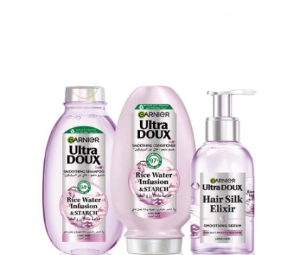 GARNIER ULTRA DOUX ROUTINE RICE WATER INFUSION AND STARCH SHAMPOOING 200ML + HAIR SILK SOOTHING SERUM 120ML + APRES SHAMPOOING 200ML