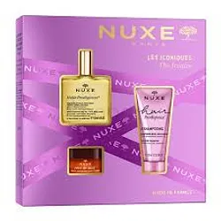NUXE LES ICONIQUES THE ICONICS COFFRET HUILE PRODIGIEUSE 50ML + REVE DE MIEL BAUME LEVRES 15G + HAIR PRODIGIEUX LE SHAMPOOING 50ML