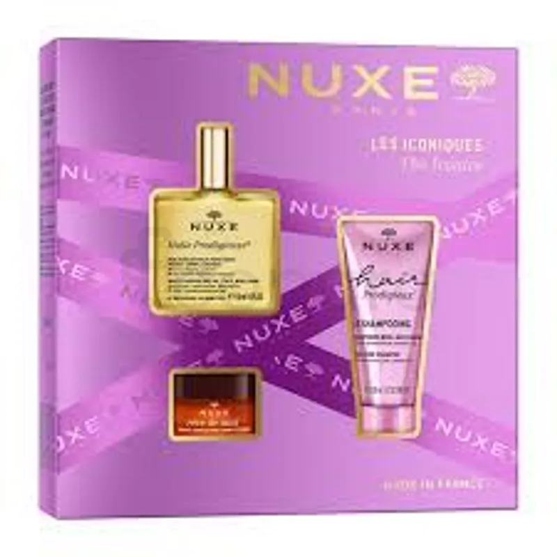 NUXE LES ICONIQUES THE ICONICS COFFRET HUILE PRODIGIEUSE 50ML + REVE DE MIEL BAUME LEVRES 15G + HAIR PRODIGIEUX LE SHAMPOOING 50ML