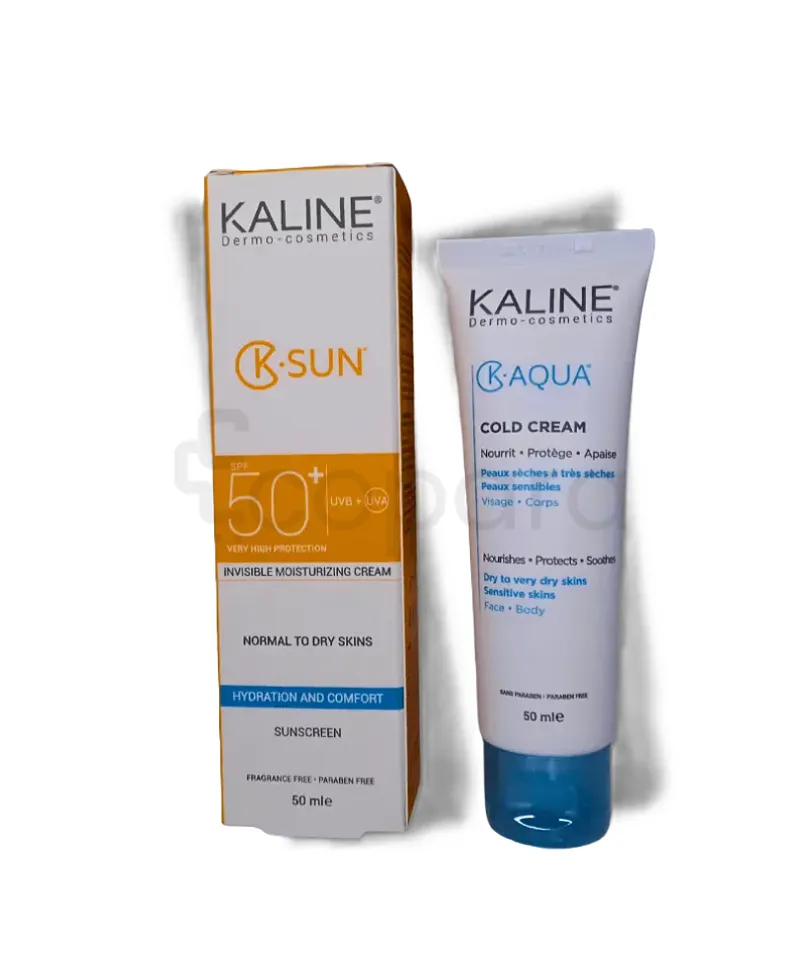 KALINE PACK K-SUN ECRAN SOLAIRE NATURELLE CLAIRE PEAUX MIXTE A GRASSE  SPF50+ 50ML + K-AQUA COLD CREAM 50ML