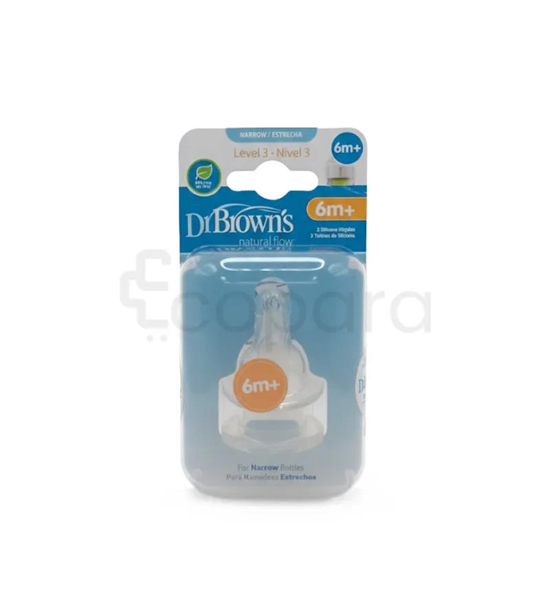 DR BROWN'S TETINE SILICONE NARROW NIPPLE LEVEL 3 COLE ETROIT BOITE DE 2 REFERENCE 332-INTL