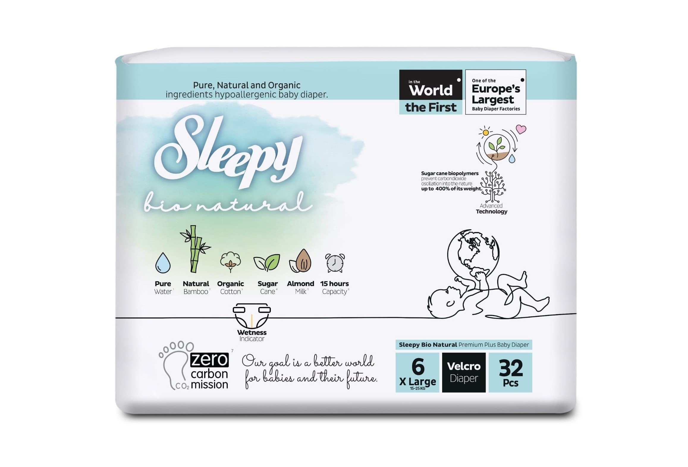 SLEEPY BIO NATURAL DIAPER DOUBLE JUMBO XL 15-25KG TAILLE 6 BOITE DE 32